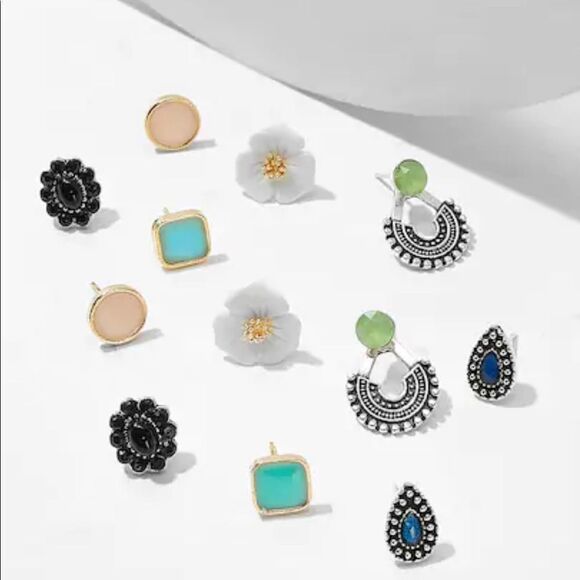6 Earring Set Flower Stud Circle Square - Picture 1 of 3